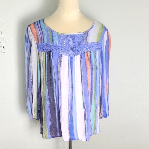 Zac & Rachel Multicolor Striped Bohemien Top with Blue Embroidery, Size Large - Picture 1 of 9
